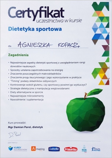 Szkolenie: ,,Dietetyka sportowa" dieta w treningu, żywienie w treningu